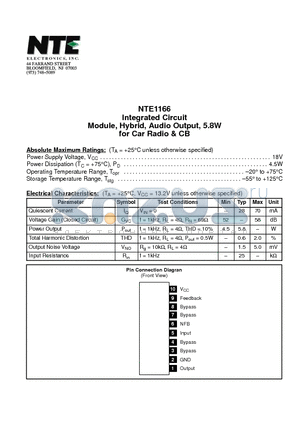 NTE1166 datasheet - Integrated Circuit Module, Hybrid, Audio Output, 5.8W for Car Radio & CB