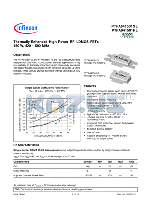 PTFA041501HL datasheet - Thermally-Enhanced High Power RF LDMOS FETs 150 W, 420  500 MHz