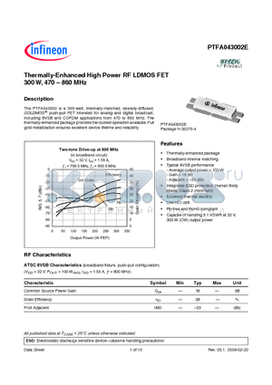 PTFA043002E datasheet - Thermally-Enhanced High Power RF LDMOS FET 300 W, 470  860 MHz