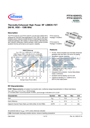 PTFA142401EL datasheet - Thermally-Enhanced High Power RF LDMOS FET 240 W, 1450  1500 MHz