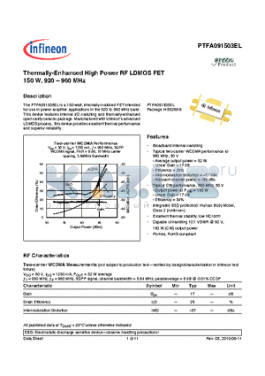 PTFA091503EL datasheet - Thermally-Enhanced High Power RF LDMOS FET 150 W, 920-960 MHz