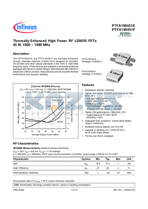 PTFA190451F datasheet - Thermally-Enhanced High Power RF LDMOS FETs 45 W, 1930 - 1990 MHz