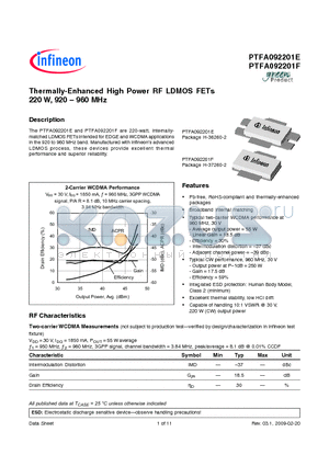 PTFA092201F datasheet - Thermally-Enhanced High Power RF LDMOS FETs 220 W, 920 - 960 MHz