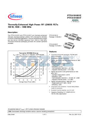 PTFA191001E datasheet - Thermally-Enhanced High Power RF LDMOS FETs 100 W, 1930-1990 MHz