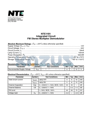 NTE1181 datasheet - Integrated Circuit FM Stereo Multiplex Demodulator