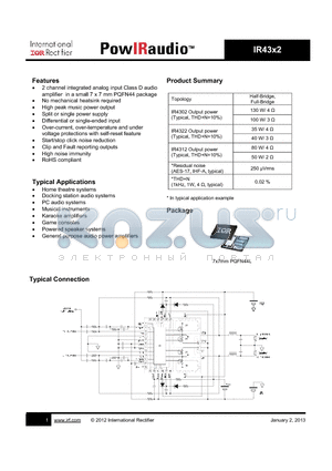 IR43X2 datasheet - channel integrated analog input Class D audio amplifier in a small 7 x 7 mm PQFN44 package