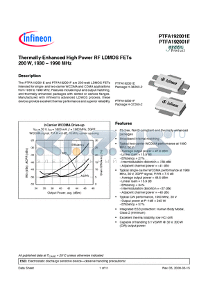 PTFA192001F datasheet - Thermally-Enhanced High Power RF LDMOS FETs 200 W, 1930-1990 MHz