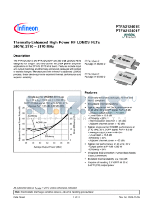 PTFA212401E datasheet - Thermally-Enhanced High Power RF LDMOS FETs 240 W, 2110  2170 MHz