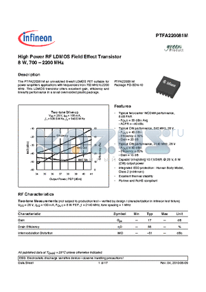 PTFA220081M datasheet - High Power RF LDMOS Field Effect Transistor 8 W, 700-2200 MHz