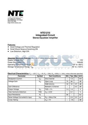 NTE1215 datasheet - Integrated Circuit Stereo Equalizer Amplifier