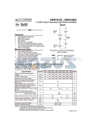 HER108G datasheet - 1.0 AMP. Glass Passivated High Efficient Rectifiers