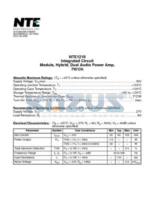 NTE1218 datasheet - Integrated Circuit Module, Hybrid, Dual Audio Power Amp, 7W/Ch