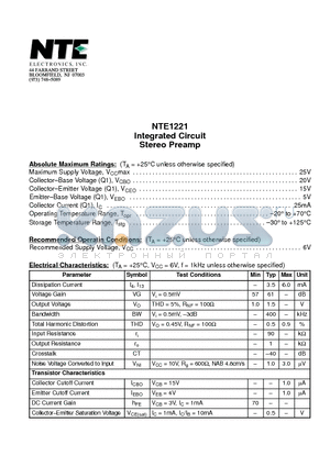 NTE1221 datasheet - Integrated Circuit Stereo Preamp