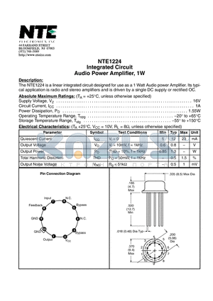 NTE1224 datasheet - Integrated Circuit Audio Power Amplifier, 1W