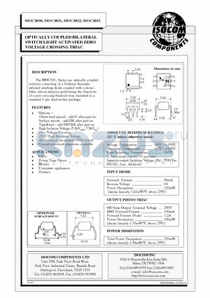 MOC3031 datasheet - OPTICALLY COUPLED BILATERAL SWITCH LIGHT ACTIVATED ZERO VOLTAGE CROSSING TRIAC