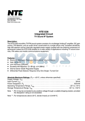 NTE1236 datasheet - Integrated Circuit TV Sound IF System