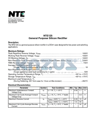 NTE125 datasheet - General Purpose Silicon Rectifier