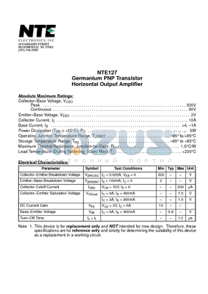 NTE127 datasheet - Germanium PNP Transistor Horizontal Output Amplifier