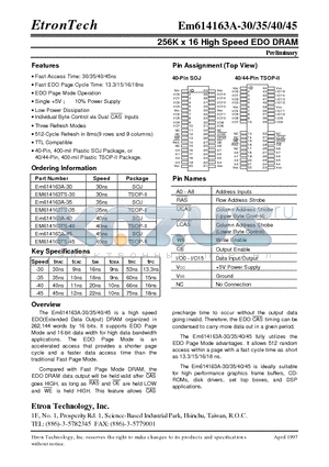 EM614163A-30 datasheet - 256K x 16 High Speed EDO DRAM