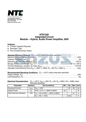 NTE1281 datasheet - Integrated Circuit Module − Hybrid, Audio Power Amplifier, 50W