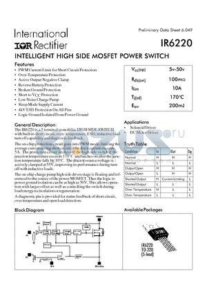 IR6220 datasheet - INTELLIGENT HIGH SIDE MOSFET POWER SWITCH
