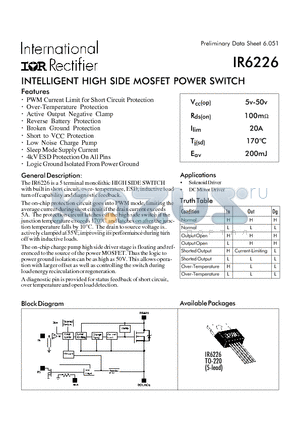 IR6226 datasheet - INTELLIGENT HIGH SIDE MOSFET POWER SWITCH