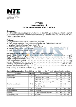 NTE1293 datasheet - Integrated Circuit Dual, Audio Power Amp, 5.8W/Ch