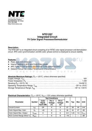 NTE1297 datasheet - Integrated Circuit TV Color Signal Processor/Demodulator