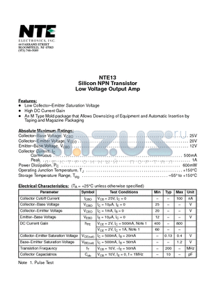 NTE13 datasheet - Silicon NPN Transistor Low Voltage Output Amp