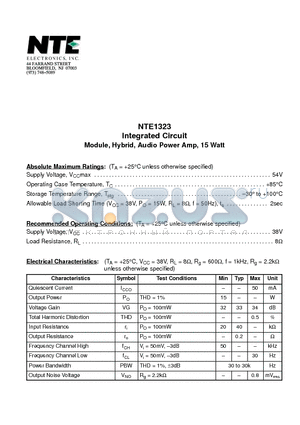 NTE1323 datasheet - Integrated Circuit Module, Hybrid, Audio Power Amp, 15 Watt