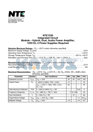 NTE1330 datasheet - Integrated Circuit Module - Hybrid, Dual, Audio Power Amplifier, 15W/Ch, 2 Power Supplies Required