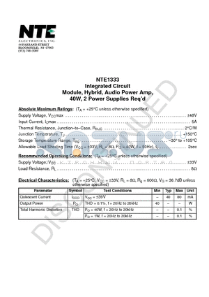 NTE1333 datasheet - Integrated Circuit Module, Hybrid, Audio Power Amp, 40W, 2 Power Supplies Reqd