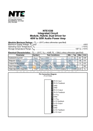 NTE1338 datasheet - Integrated Circuit Module, Hybrid, Dual Driver for 40W to 50W Audio Power Amp