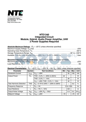 NTE1340 datasheet - Integrated Circuit Module, Hybrid, Audio Power Amplifier, 24W 2 Power Supplies Required