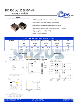 N4101 datasheet - SMD RJ45 10/100 BASE-T with Magnetic Module
