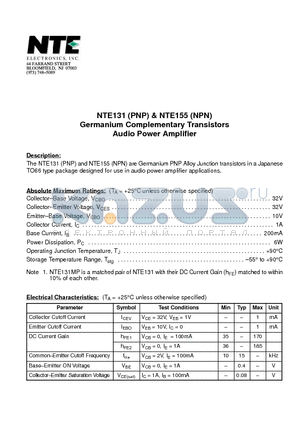 NTE135 datasheet - Germanium Complementary Transistors Audio Power Amplifier