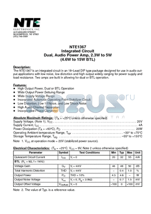 NTE1367 datasheet - Integrated Circuit Dual, Audio Power Amp, 2.3W to 5W (4.6W to 15W BTL)