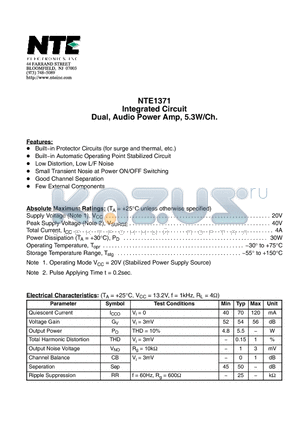 NTE1371 datasheet - Integrated Circuit Dual, Audio Power Amp, 5.3W/Ch