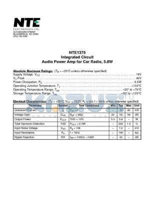NTE1375 datasheet - Integrated Circuit Audio Power Amp for Car Radio, 5.8W