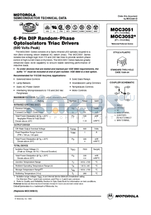 MOC3052 datasheet - 6-Pin DIP Random-Phase Optoisolators Triac Drivers