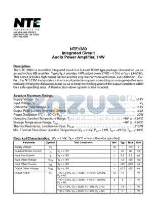 NTE1380 datasheet - Integrated Circuit Audio Power Amplifier, 14W
