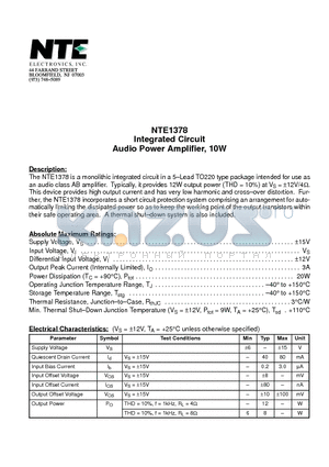 NTE1378 datasheet - Integrated Circuit Audio Power Amplifier, 10W