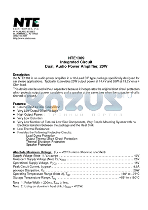 NTE1389 datasheet - Integrated Circuit Dual, Audio Power Amplifier, 20W