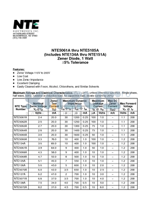 NTE138A datasheet - Zener Diode, 1 Watt a5% Tolerance