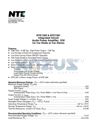 NTE1390 datasheet - Integrated Circuit Audio Power Amplifier, 12W for Car Radio or Car Stereo