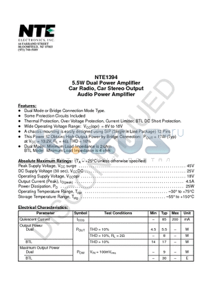 NTE1394 datasheet - 5.5W Dual Power Amplifier Car Radio, Car Stereo Output Audio Power Amplifier