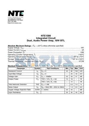NTE1399 datasheet - Integrated Circuit Dual, Audio Power Amp, 18W BTL