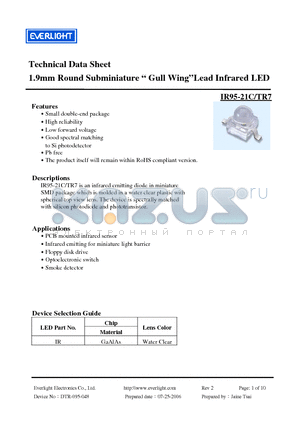 IR95-21C-TR7 datasheet - 1.9mm Round Subminiature  Gull WingLead Infrared LED