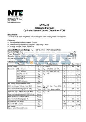 NTE1428 datasheet - Integrated Circuit Cylinder Servo Control Circuit for VCR