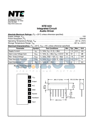 NTE1431 datasheet - Integrated Circuit Audio Driver